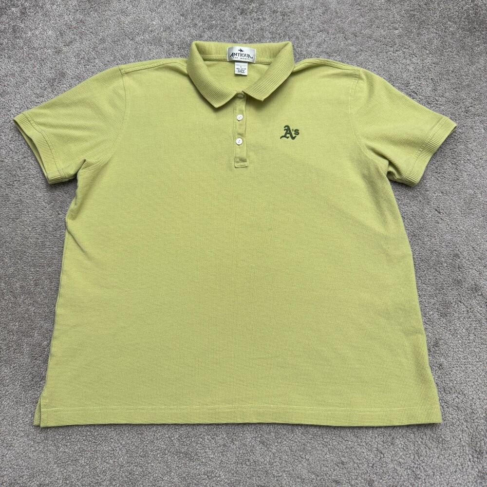 Vintage Antigua Oakland As Polo Shirt Womens Large Green Waffle Knit MLB Top